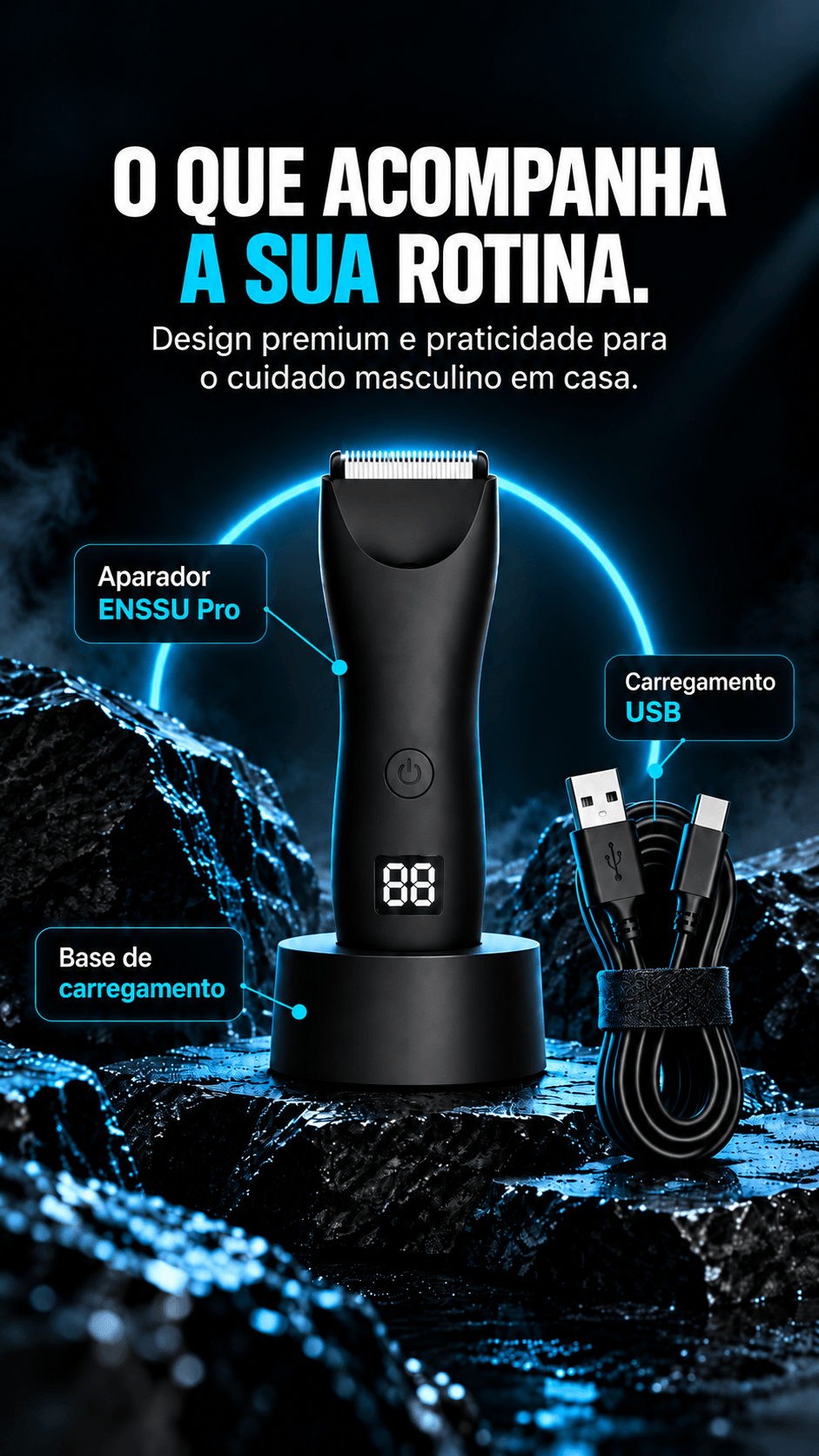 O que acompanha: aparador ENSSU Pro, base de carregamento e cabo de carregamento USB.